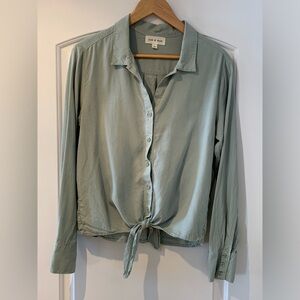 Cloth & Stone Blouse Button Shirt Mint Green  Medium 100% Tencel Cropped Knot